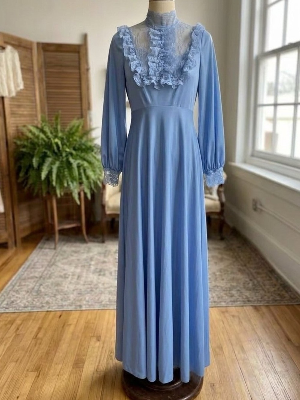 VTG 70s Periwinkle Blue Lace Ruffle Prairie Maxi Dress